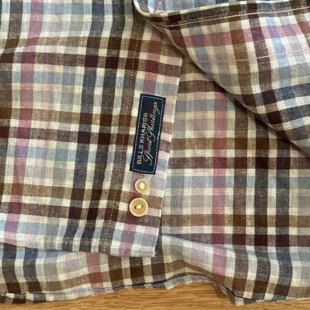 Bills Khakis Shirt Mens Medium Linen Blend Multicolor Plaid Button Up L/S Preppy